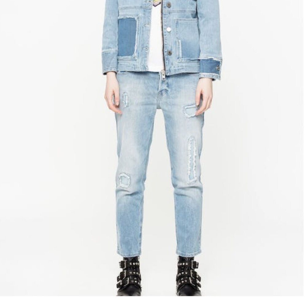 Zadig & Voltaire Elios Denim Destroy Jeans Light Medium Patchwork Denim Sz 25